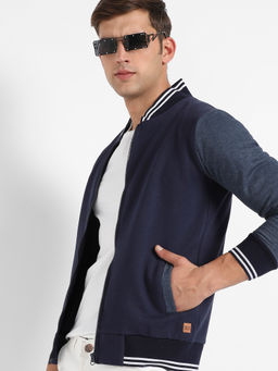 Campus Sutra - Mens Navy Blue Zip Front Jacket with Contrast Striped Hem