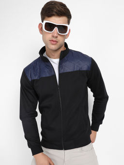 Campus Sutra - Mens Black & Blue Zip Front Jacket with Quilted Detail