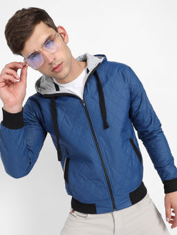 Campus Sutra - Mens Blue Quilted Puffer Jacket with Zip Closure