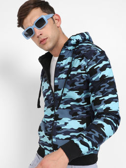 Campus Sutra - Mens Blue Camouflage Hoodie with Insert Pocket