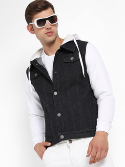 Campus Sutra - Mens White & Black Grey Medium Wash Denim Jacket with Sweatshirt Sleeve