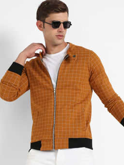 Campus Sutra - Mens Mustard Yellow Graph Checks Jacket with Contrast Hem
