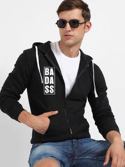Campus Sutra - Mens Black Zip Front Typographic Print Hooded Jacket
