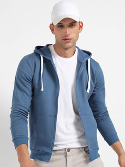 Campus Sutra - Mens Azure Blue Zip Front Hooded Jacket with Contrast Drawstring