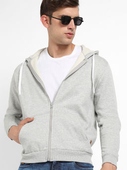 Campus Sutra - Mens Light Grey Zip Front Hooded Jacket with Contrast Drawstring