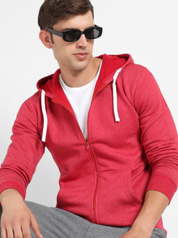 Campus Sutra - Mens Red Zip Front Hooded Jacket with Contrast Drawstring