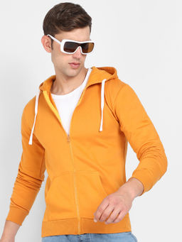 Campus Sutra - Mens Mustard Yellow Zip Front Hooded Jacket with Contrast Drawstring