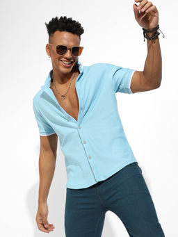 Campus Sutra - Mens Sky Blue Honeycomb Knit Shirt