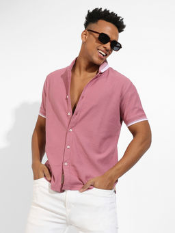 Campus Sutra - Mens Coral Pink Honeycomb Knit Shirt