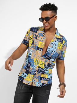 Campus Sutra - Mens Blue And Beige Aztec Print Shirt