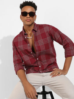 Campus Sutra - Mens Maroon Red Chalk Tartan Plaid Shirt