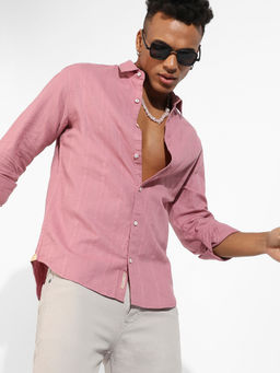 Campus Sutra - Mens Coral Pink Self-design Striped Shirt