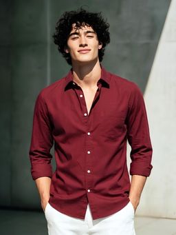 TAHVO - Solid Maroon Cotton Shirt for Men