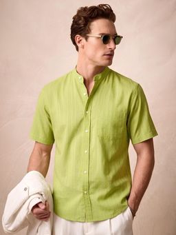 TAHVO - Green Linen Mandarin Collar Shirt for Men