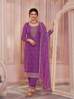 Odette - Purple Embroidered Semi-Stitched Kurta with Bottom and Dupatta (Set of 3)
