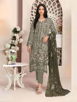 Odette - Olive Embroidered Semi-Stitched Kurta with Bottom and Dupatta (Set of 3)