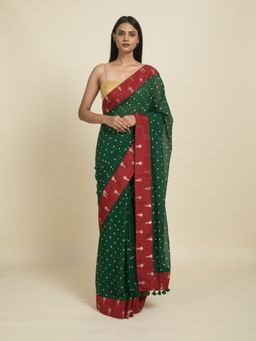 Suta - Green Mul Cotton Saree with Maroon Border