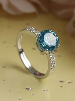 CLARA - 925 Silver Rhodium Plated Swiss Zirconia Sky Blue Eye Adjustable Ring For Women & Girls