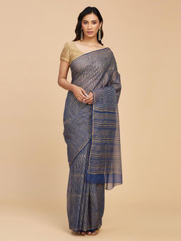 Fabindia - Navy Cotton Silk Striped Hand Block Printed Saree Without Blouse