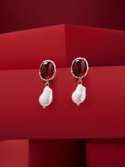 Zaveri Pearls - Red Stone Embellished Contemporary Baroque Pearl Drop Earring-ZPFK21111