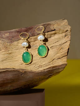 Zaveri Pearls - Green Stone and Pearl Embellished Contemporary Drop Earring-ZPFK21112
