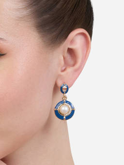 Zaveri Pearls - Blue Enamel Dazzling Austrian Diamonds and Pearl Drop Earring-ZPFK21144