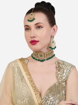 Zaveri Pearls - Green Beads Kundan Choker Necklace Earring and Maangtikka Set-ZPFK19154