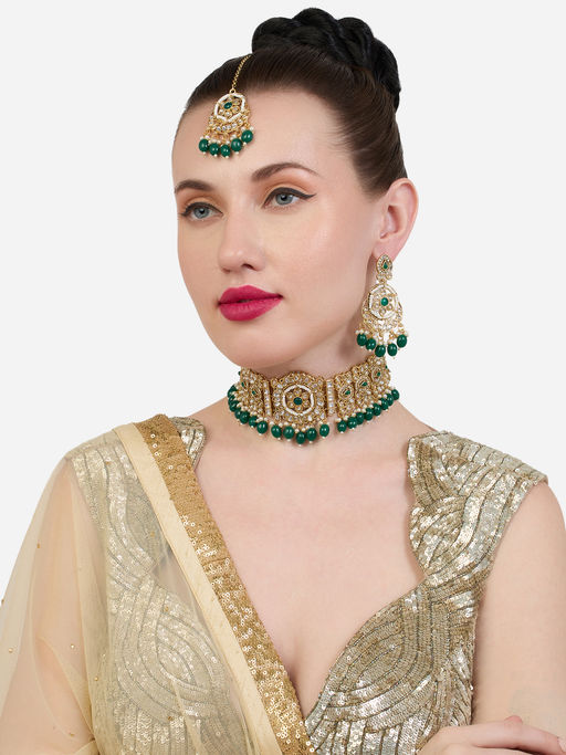 Zaveri Pearls Green Beads Kundan Choker Necklace Earring and Maangtikka Set-ZPFK19154