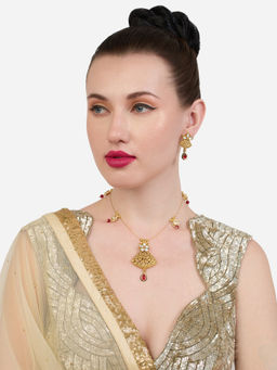 Zaveri Pearls - Red Stones Beads Antique Floral Design Necklace and Earring Set-ZPFK19168