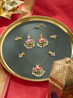 Zaveri Pearls - Green Pink Meenakari Lotus Kundan Necklace and Earring Set-ZPFK19169