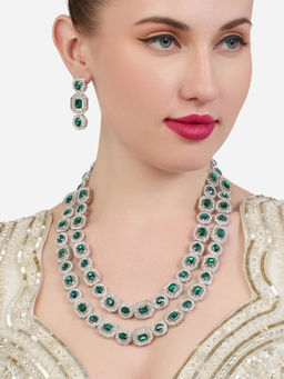 Zaveri Pearls - Green Stones Austrian Diamonds Layered Necklace and Earring Set-ZPFK19179