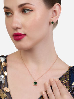 Zaveri Pearls - Green Cubic Zirconia Brass Pendant With Chain and Earring Set-ZPFK19195