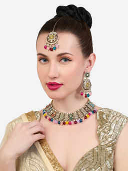 Zaveri Pearls - Multicolor Stone Beads Bridal Necklace Earring Maangtikka Set-ZPFK21160