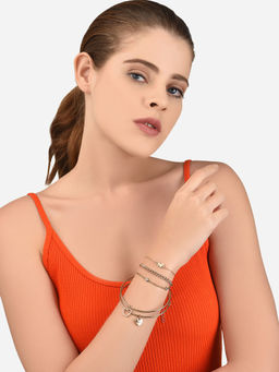 Lilly & Sparkle - Gold Toned 3 Bracelet and 2 Cuffs with Crystal Studded Heart Charm