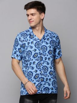 SHOWOFF - Mens Cuban Collar Blue Printed Shirt
