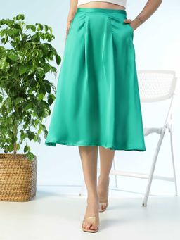 Oxolloxo - Women Solid Green Elasticated Knee Length Satin Skirt