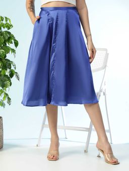 Oxolloxo - Women Solid Blue Elasticated Knee Length Satin Skirt