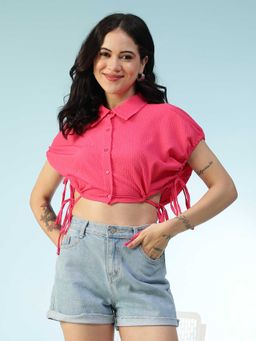 Oxolloxo - Women Solid Pink Collared Short Sleeve Tie-Up Detail Seersucker Dobby Crop Shirt