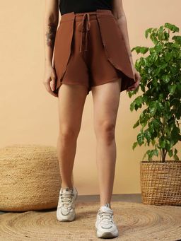 Oxolloxo - Women Solid Brown Elasticated With Tie-Up Detail Cotton linen Wrap Shorts