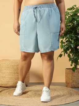 Oxolloxo - Women Plus Size Solid Blue Elasticated With Tie-Ups Denim Washed Cotton Shorts