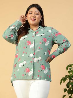 Oxolloxo - Women Green Floral Print Collared With Button Placket Long Sleeve Rayon Printed Shirt