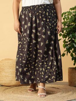 Oxolloxo - Women Plus Size Black Floral Print Elasticated Long Skirt With Slit Cut
