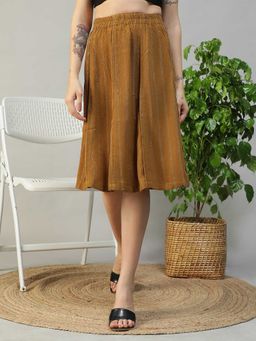 Oxolloxo - Women Mustard Elasticated Knee-Length Poly Stripe Dobby Skirt