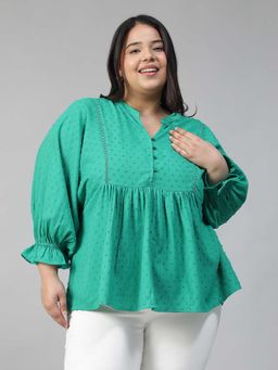Oxolloxo - Women Plus Size Green V- Neck Long Poet Sleeve Button Down Lace Detail Dobby Top