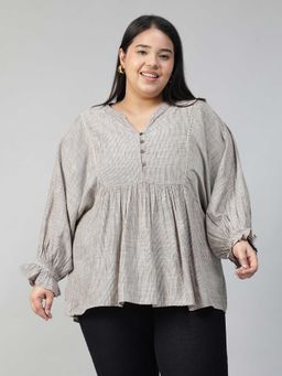 Oxolloxo - Women Plus Size Khaki Stripe Print V- Neck Long Poet Sleeve Lace Detail Cotton Top