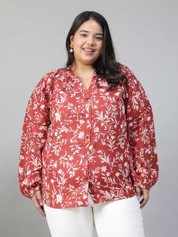 Oxolloxo - Women Plus Size Red Floral Print V- Neck Long Sleeve Lace Detail Button Down Top