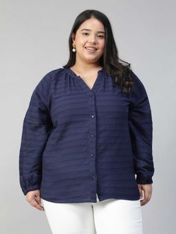 Oxolloxo - Women Plus Size Blue V- Neck Long Sleeve Lace Detail Button Down Cotton Top