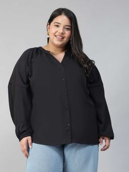Oxolloxo - Women Plus Size Black Print V- Neck Long Sleeve Lace Detail Button Down Top