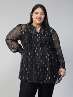 Oxolloxo - Women Plus Size Black V-Neck Long Sleeve Button Down Foil Print Top