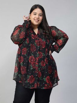 Oxolloxo - Women Plus Size Black Floral Print V-Neck Long Sleeve Pleated Detail Top